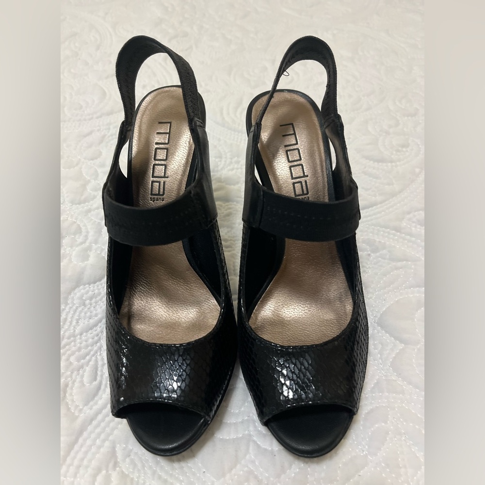 Moda spana Cate Black Snake Print Heels, Size 6.5 NEW